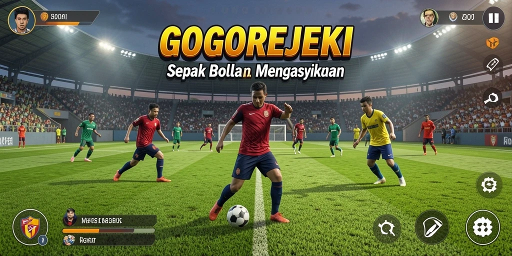 Screenshot gameplay GOGOREJEKI menampilkan aksi seru di lapangan sepak bola.