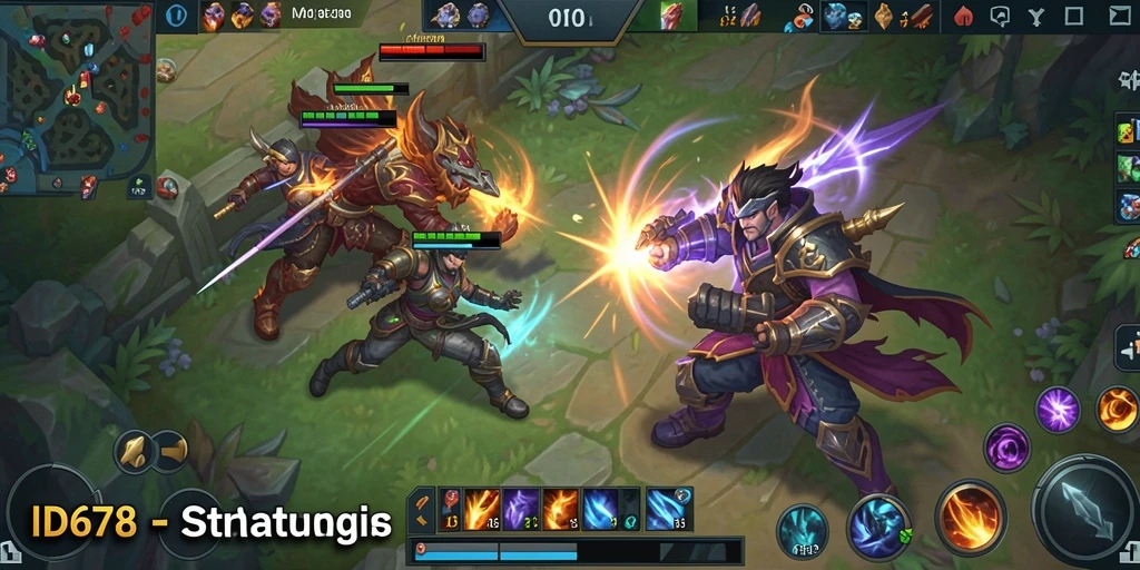 Tangkapan layar gameplay yang menunjukkan pertarungan MOBA yang intens.