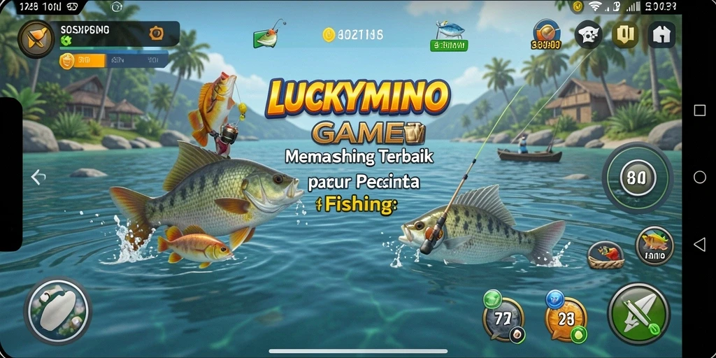 Screenshot utama LUCKYMINO yang menampilkan aksi seru memancing.