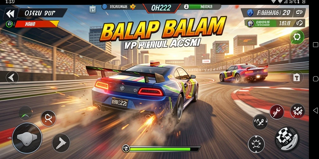 Screenshot utama memperlihatkan aksi balapan seru di trek yang menakjubkan.